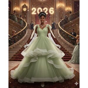 Green Tulle Ball Gown Dress Layered High Low Prom Evening Formal Fairy Princess